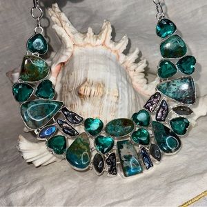 Mermaid Shattuckite Apatite + Biwa Pearl + Aqua Topaz statement cluster necklace